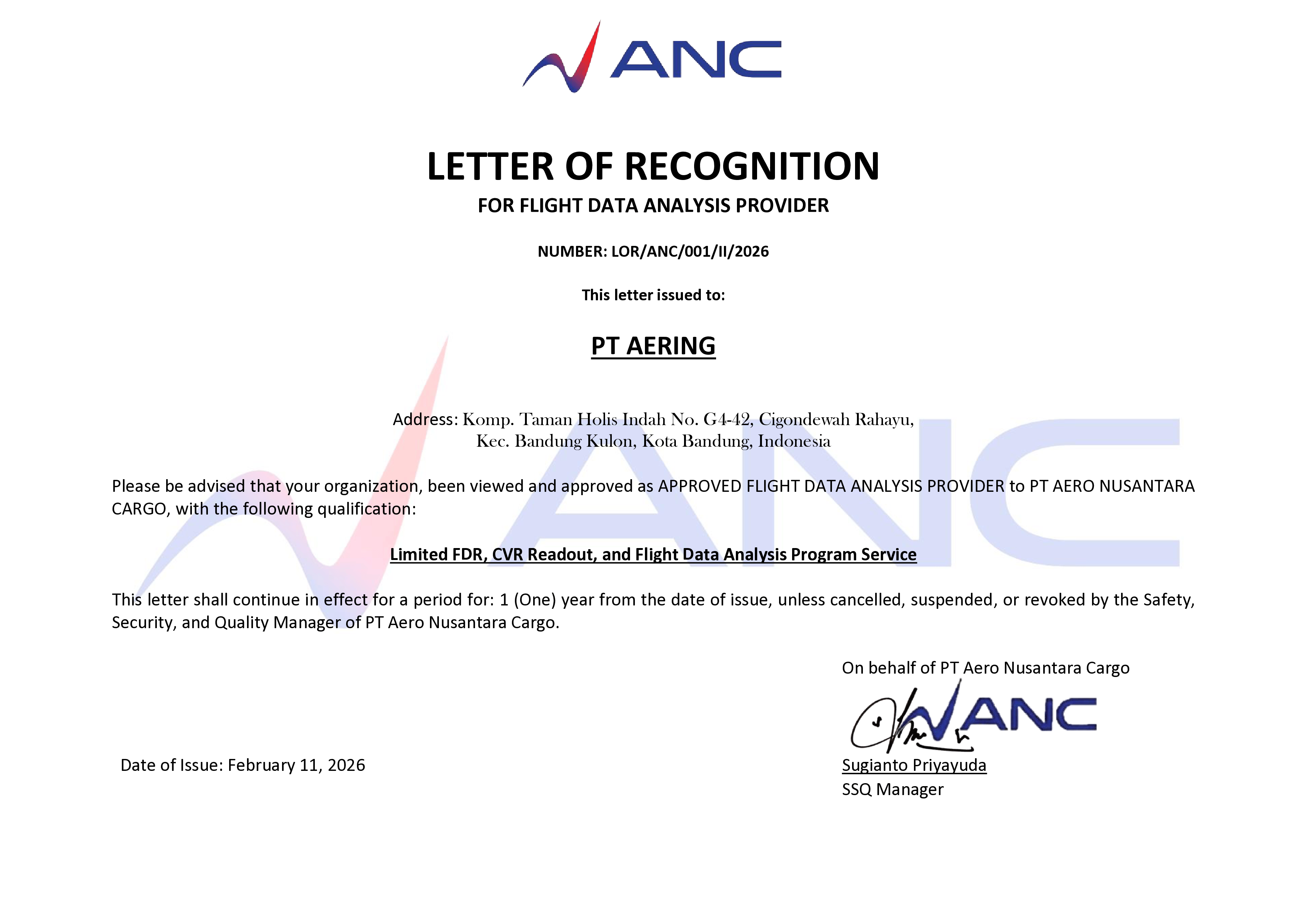 Letter of Recognition – Flight Data Analysis Provider (PT AERING)
