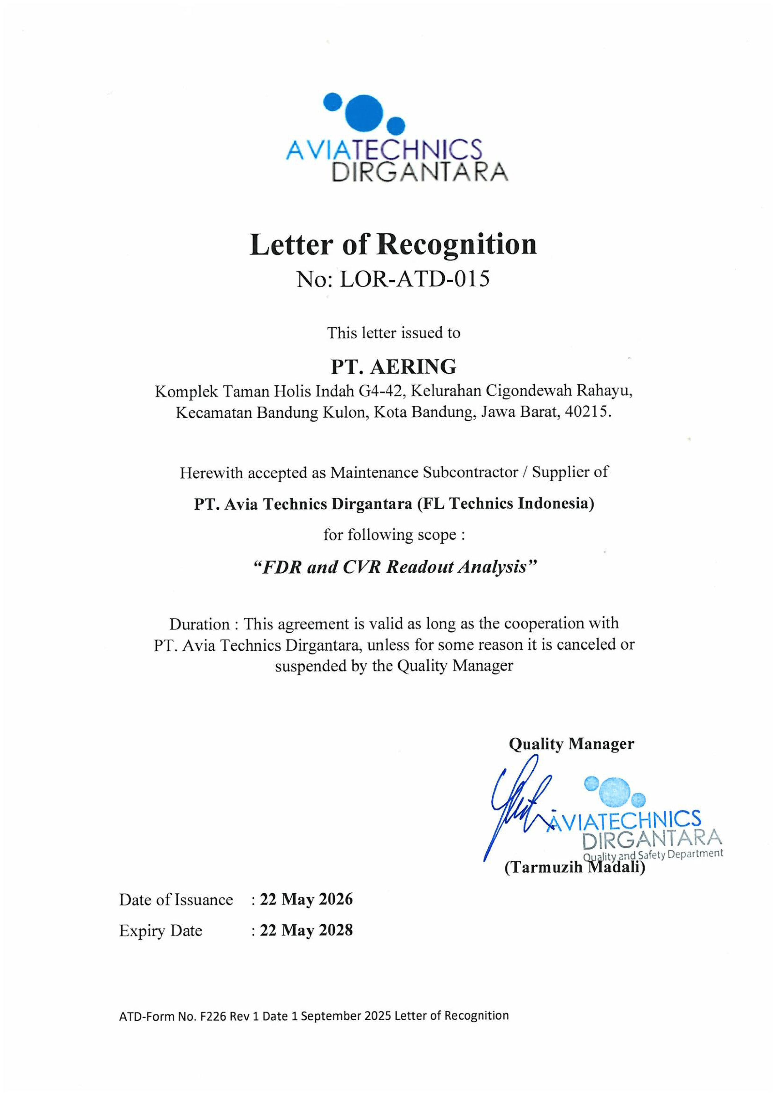 Letter of Recognition – PT AERING